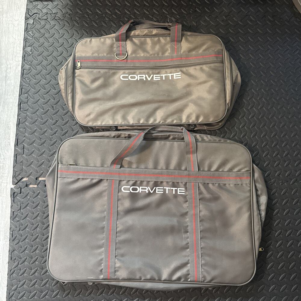 Vintage Chevrolet Corvette 2 Piece Luggage Travel Bag Set Gray Red Made Korea *